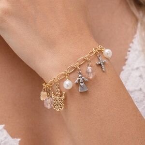 Gold Tone Cross Angel Anchor Bracelet